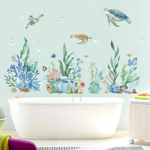 Vista 2 de wondever Calcomanías de pared de hierba de algas marinas, tortugas bajo el mar, calcomanías de arte de pared para bebé, cuarto de bebé, dormitorio