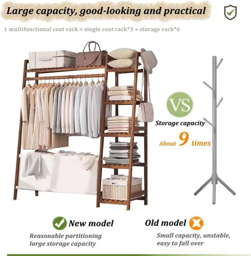 Vista 4 de Bamboo Coat Rack with Storage Rack,Freestanding Clothes Rack with Storage Bag,Wood Closet Shelf with Hanging Rod,Clothes Storage Organizer