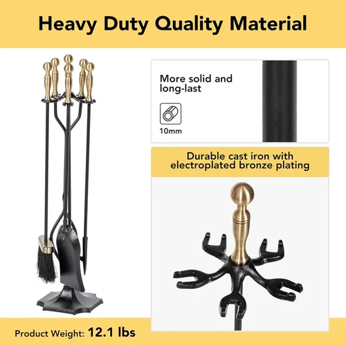 Vista 5 de nalone Juego de 5 herramientas para chimenea, asas de latón, accesorios de chimenea de hierro forjado con póquer, pinzas, pala, cepillo