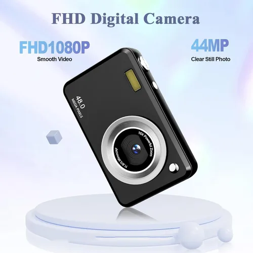 Vista 3 de Cámara digital, FHD 1080P Point and Shoot Cámara para niños, con tarjeta de 32 GB, zoom 16X antivibración, 48 MP compacto portátil pequeño