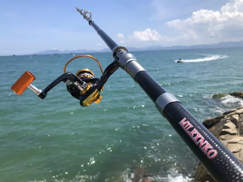 Vista 3 de Combinación telescópica de caña de pescar y carrete, caña de fibra de carbono de 94.5 in, caña de pescar plegable para adultos adecuada para agua