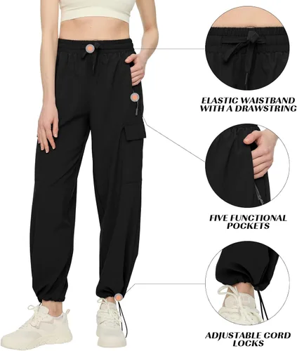 Vista 4 de FARUNGS Pantalones cargo de secado rápido, ligeros, tácticos, con 5 bolsillos, para mujer, cintura elástica y resistentes al agua