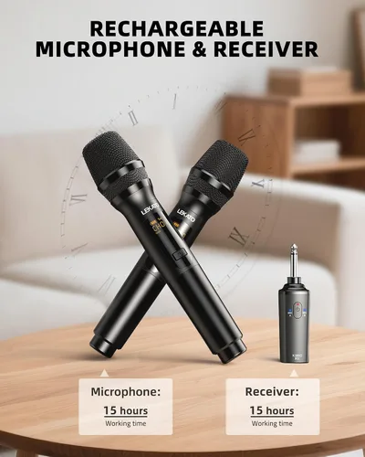 Vista 4 de LEKATO Micrófono inalámbrico, sistema de micrófono dinámico inalámbrico de mano dual recargable de 2.4 GHz con receptor de 1/4 pulgadas, micrófono