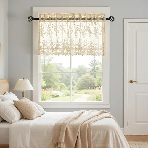 Vista 4 de Kotile - Cenefa de encaje beige para ventanas de estilo rústico campestre con diseño floral de vid, fondo ondulado, cenefa transparente de encaje