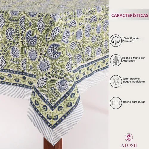 Vista 2 de ATOSII Mantel 100% algodón, Amara, floral, hecho a mano, rectangular, de lino, para cocina, comedor, fiestas, bodas, exteriores, picnics, Pascua