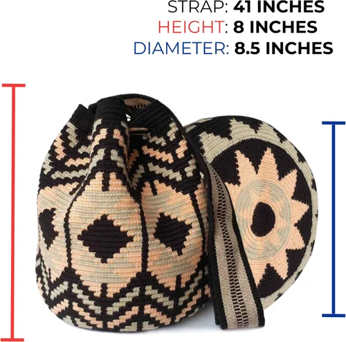 Vista 2 de Bolso clásico WAYUU auténtico, mochila de Colombia, bandolera mediana de ganchillo, bolso mediano hecho a mano, bolsa de cubo.