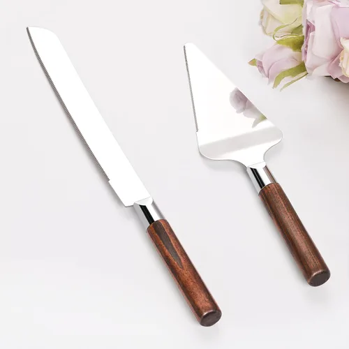 Vista 10 de Juego de corte de pastel dorado para boda, juego de cuchillo de pastel de madera y servidor, juego de corte de pastel rústico de 2 piezas, cubiertos