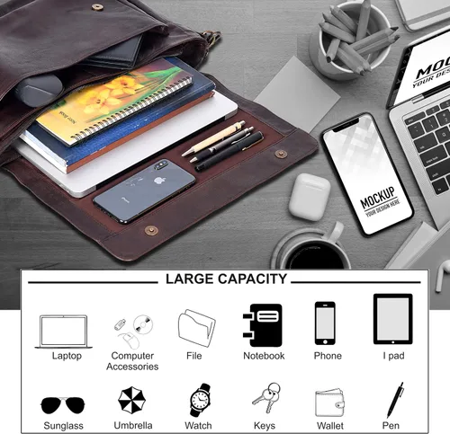 Vista 3 de Bolso de mensajero de cuero real para hombres y mujeres Maletín para laptop para oficina, universidad, correa de hombro ajustable