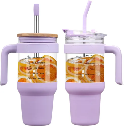 Vista 9 de Chunmo Vaso de vidrio de 40 onzas con 2 tapas, tapa de popote de bambú y tapa de popote 2 en 1, taza de café helado con asa, botella de agua de Ámbar