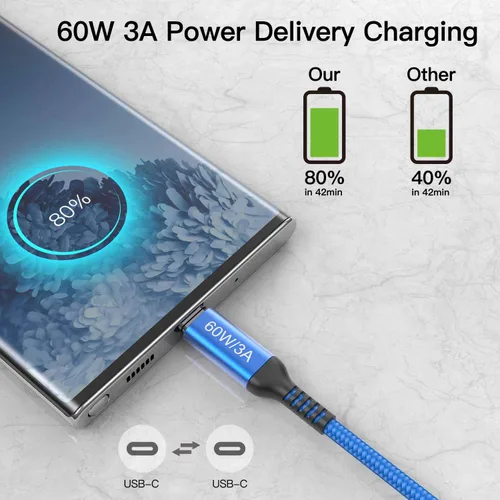 Vista 6 de Cable USB-C a USB-C de 6 pies [2 unidades], Awnuwuy 60W tipo C a tipo C cable de carga rápida para iPhone 15/15 Plus, iPad Pro 3rd, iPad Air 4th