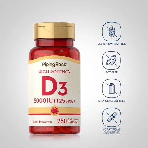 Vista 3 de Piping Rock Vitamina D3 5000 UI 250 cápsulas blandas Suplemento de alta potencia Sin OMG, sin gluten