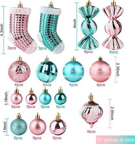 Vista 7 de PIIDUOO 97 piezas de bolas de Navidad para árbol de Navidad - Adornos inastillables pequeños para árbol de Navidad, juego de bolas rosa y turquesa