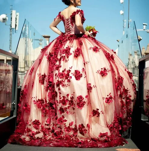 Vista 3 de Vestidos de quinceañera con hombros descubiertos para mujer, tul con flores 3D, vestidos de fiesta con cariño 15 16