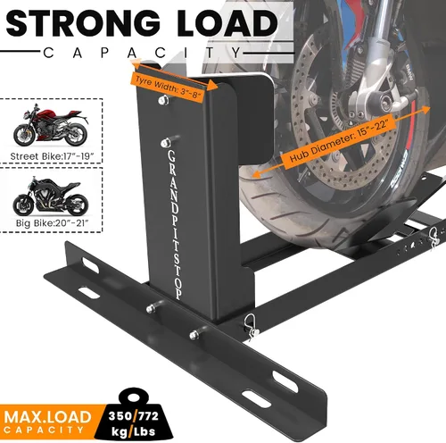 Vista 2 de GRAND PITSTOP Calzo de rueda universal para soporte de motocicleta para remolque, completamente ajustable, desmontable y plegable