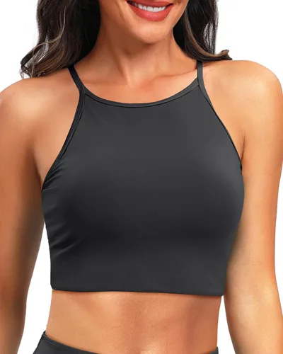 Vista 4 de Aqua Eve Top corto de natación para mujer, solo brasier deportivo, parte superior de bikini de cuello alto, parte superior de traje de baño