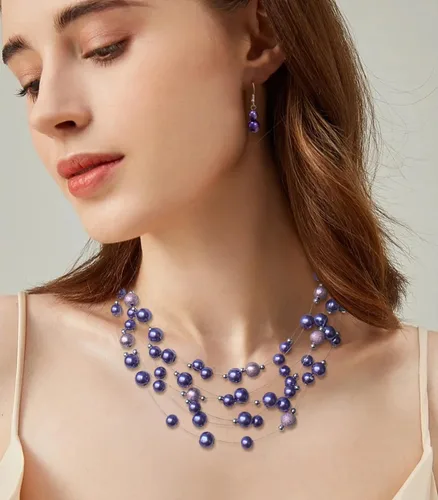 Vista 3 de Collar de perlas en capas de múltiples hebras, gargantilla de perlas para mujer, joyería de cuentas para bodas y fiestas