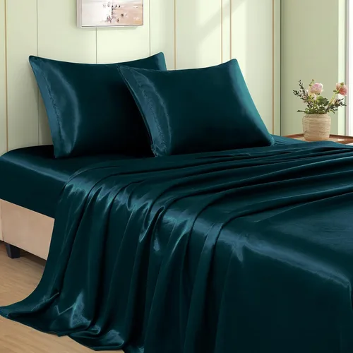 Vista 22 de VACVELT Juego de 3 sábanas de satén color beige tamaño individual, juego de ropa de cama, sábana bajera de satén sedoso con bolsillo profundo de 15