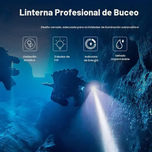 Vista 2 de Linterna de buceo de 10000 lúmenes, luz de buceo IPX8, impermeable, recargable, 3 modos, linterna submarina, linterna LED submarina profesional