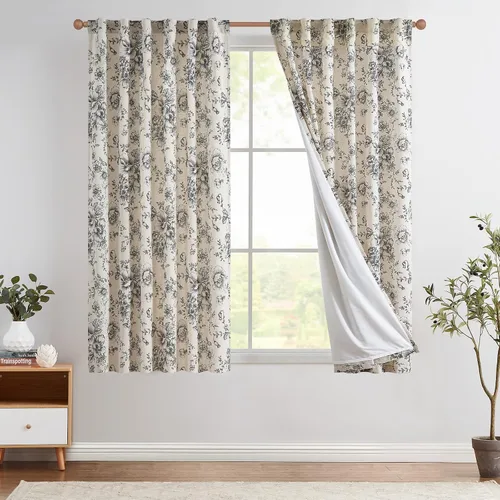 Vista 63 de Jinchan Cortinas de Mezcla de Lino con Estampado Floral para Sala de Estar, 84 Pulgadas de Largo, Cortinas con Bolsillo para Varilla y Tab Trasera