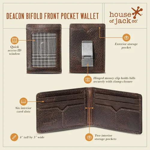 Vista 4 de HoJ Co DEACON ID Billetera plegable con clip de dinero para hombres cartera de cuero de grano completo con bolsillo frontal Cartera plegable