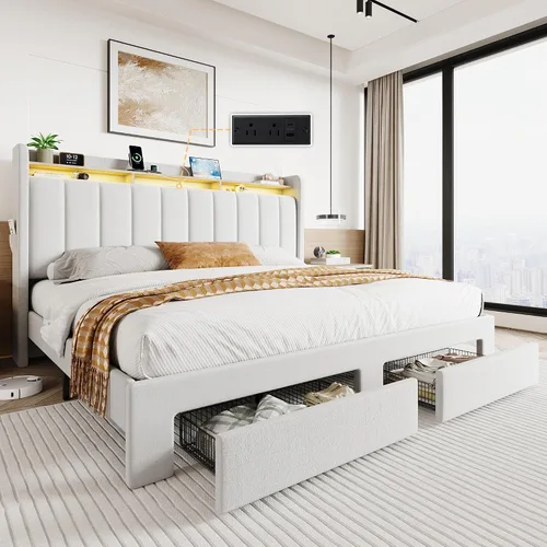 Vista 15 de SHA CERLIN Base de cama de plataforma de tamaño matrimonial con cabecera de canal vertical copetuda y 2 cajones de almacenamiento, estantes de 2
