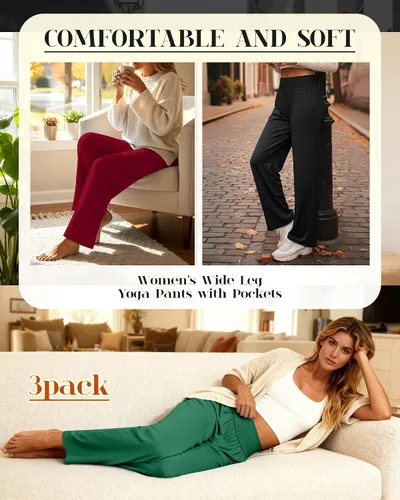 Vista 27 de Neer - Conjunto de 3 pantalones de yoga de pierna ancha para mujer - Pantalones deportivos cómodos, holgados, de cintura alta y casuales