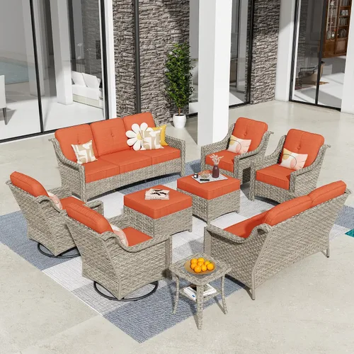 Vista 36 de HOOOWOOO Sofá de patio de 3 plazas de mimbre para exteriores, resistente a todo tipo de clima, con respaldo alto, muebles a juego (beige y bronceado)