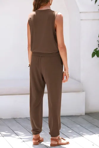 Vista 2 de PRETTYGARDEN Conjunto deportivo de verano de 2 piezas para mujer, con cuello en V, camiseta sin mangas, pantalones deportivos, casuales