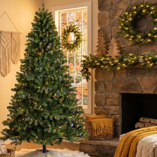 Vista 2 de Glitzhome Árbol de Navidad preiluminado, abeto artificial realista de 7.5 pies con 1,668 puntas y 680 luces centelleantes C3, 10 funciones de Aspen