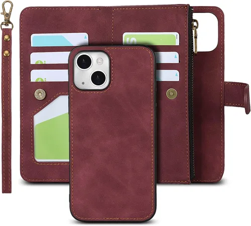 Vista 14 de iCoverCase Compatible con iPhone 13 - Funda tipo cartera para teléfono con tarjetero, piel sintética, bolsillo con cremallera, magnética