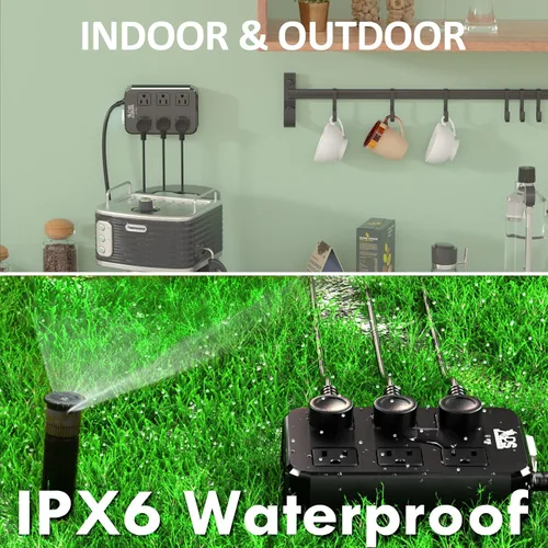 Vista 6 de Regleta de alimentación para exteriores IPX6 resistente a la intemperie, protector contra sobretensiones impermeable con 6 enchufes anchos con 3