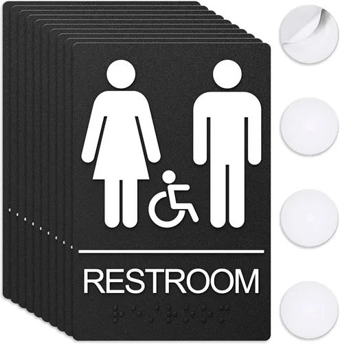 Vista 10 de Letreros de baño, letrero de baño para negocios, para hombres y mujeres, 9 x 6 pulgadas, cumple con la ADA con Braille, adhesivos fuertes de doble