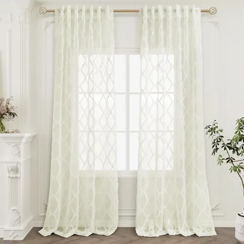 Vista 11 de Cortinas transparentes negras Hokibero de 96 pulgadas de largo, juego de 2 paneles con pestaña trasera, filtro de luz, cortinas con patrón de Negro