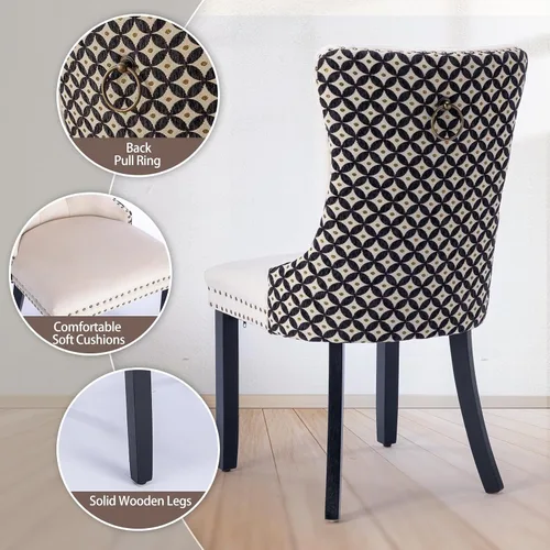 Vista 6 de Juego de 2 sillas de comedor de terciopelo, silla de comedor tapizada de alta gama con tirador de anillo en la espalda, adorno de clavos y patas