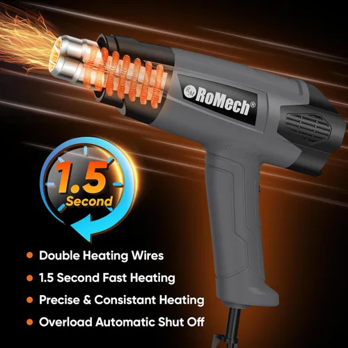 Vista 3 de ROMECH Pistola de calor resistente de 1500 W, kit de pistola de aire caliente con control de temperatura variable con 2 caudales de aire de 120 °F a