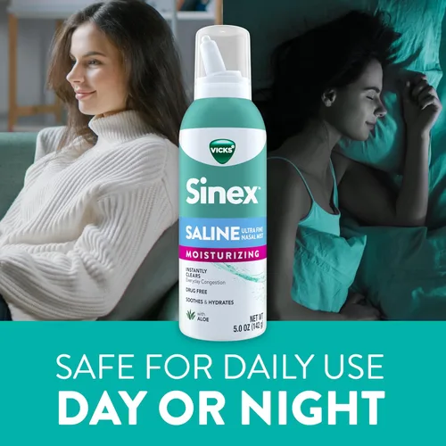 Vista 7 de Vicks Sinex Spray nasal hidratante salino, con aloe, niebla ultrafina sin medicamentos, limpia la congestión sinusal diaria rápida, elimina