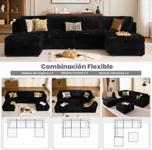 Vista 3 de Ovios - Sofá modular con diván en forma de U y otomanas, cómodo y mullido, tapizado en pana estilo nube, moderno, asiento profundo, juego de sofás