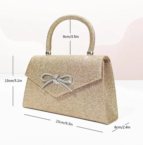 Vista 5 de Bolso de noche para mujer, con lazo brillante, bolso de mano para boda, fiesta, monederos con diamantes de imitación con purpurina para cóctel