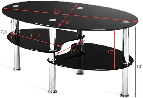 Vista 3 de Moccha - Mesa de centro de cristal, 3 niveles, moderna mesa de té ovalada de vidrio liso con amplio escritorio de vidrio y patas cromadas