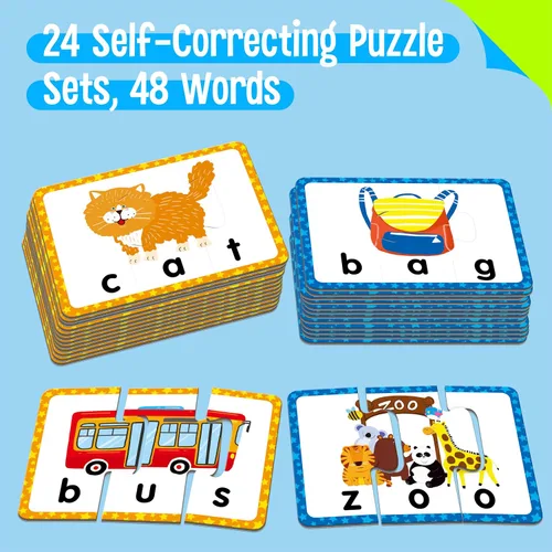 Vista 2 de Juego de 24 tarjetas de rompecabezas de palabras de 3 letras, 72 piezas de rompecabezas de ortografía de palabras autocorrectivos, tarjetas