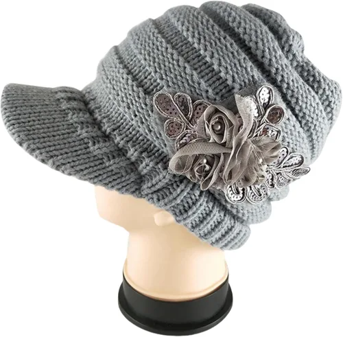 Vista 86 de C-US - Gorro de punto cálido para mujer, con visera de ganchillo con acento de flores