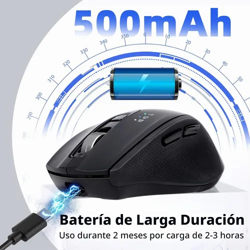 Vista 4 de Mouse inalámbrico Bluetooth con USB-A, receptor USB-C, recargable, 3 dispositivos, tamaño completo, clic silencioso, mouse ergonómico para Negro
