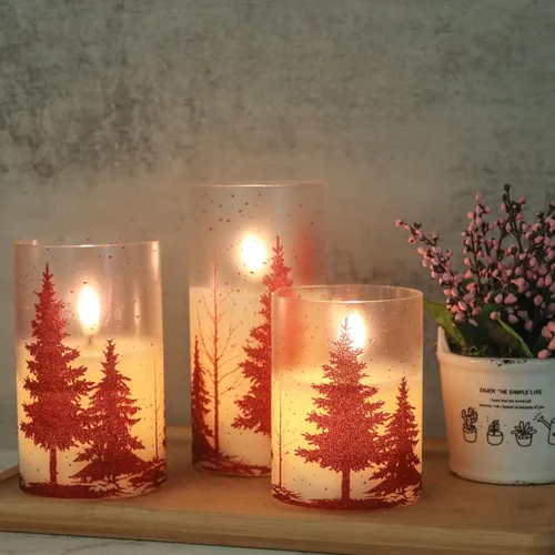 Vista 2 de Velas de Cristal sin Llama de Árbol de Navidad con Control Remoto Temporizador Operadas con Batería Cera Real Mecha 3D LED Parpadeantes Velas