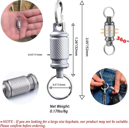 Vista 4 de JVCOM Titanium Quick Release Keychain - 360 Rotation, Heavy Duty Key Clip, with Carabiner and Key Ring - for Men and Women.