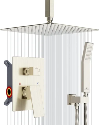 Vista 9 de SunCleanse juego de grifos con regadera tipo lluvia en oro cepillado, juego combinado para baño con cabezal de alta presión de 25.4 cm con válvulas