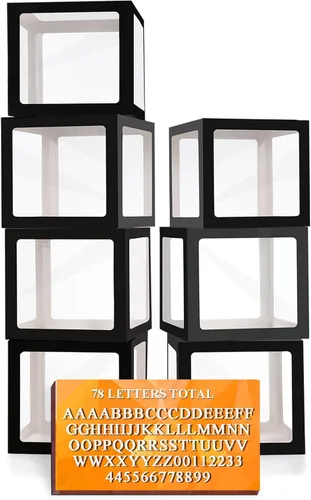Vista 20 de Ledido - Cajas de globos transparentes con 60 letras y números para nombre personalizado 4 PCS Black Clear Baby Balloon Boxes Blocks Backdrop for