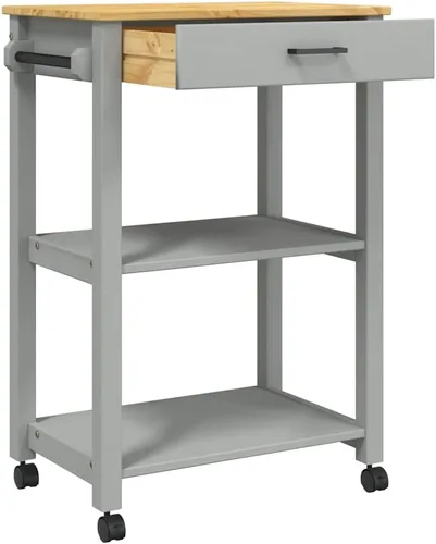 Vista 4 de Solid Wood Pine Kitchen Trolley with Drawer 23.6x15.7x34.8 Inches 4 Wheels With 2 Lockable, Side Hanger And Metal Hooks, 2 Open Shelves, For Kitchen