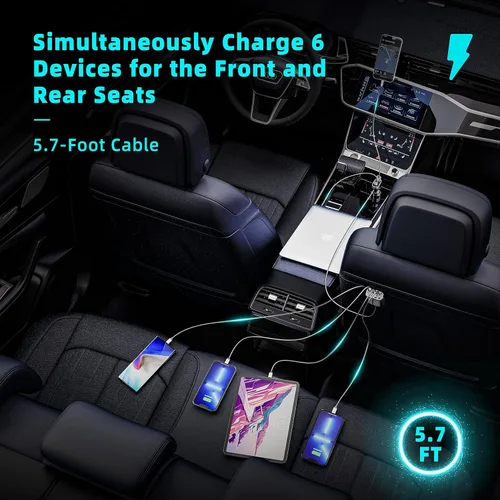 Vista 3 de 6 Puertos Múltiples Cargador de Coche USB C, Adaptador de Carga Rápida de Coche de 123W, PD 45W Compatible con iPhone17/Galaxy/Samsung S25, Cargador