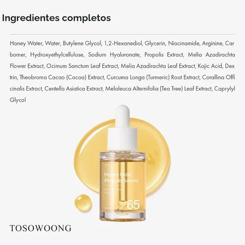Vista 6 de TOSOWOONG Honey Glow 65% Propolis Serum, Ácido Hialurónico, Ácido Kójico, Niacinamida, Hidratante Facial Calmante para Tono de Piel Irritado