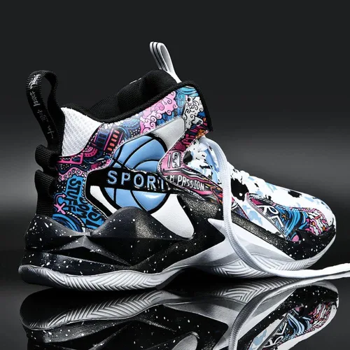 Vista 6 de MAUGELY Zapatillas de deporte de baloncesto para hombre, caña alta, para jóvenes, estudiantes, deportes, ocio, graffiti, zapatillas para correr